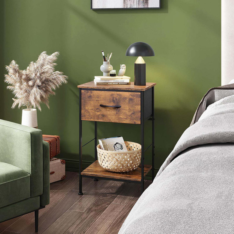 Nightstand, Bedside Side Table For Bedroom, Dorm With Steel Frame, Night Stand End Table With Fabric Storage Drawer, Easy Assembly, Rustic Brown Wood Grain Print, 11.73''D 15.67''W 25.03" H