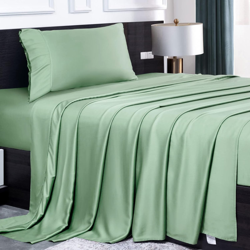 100% Rayon from Bamboo Sheet Set, 16" Deep Pocket Cooling Silky Soft Bed Sheets, Green, Twin Sheet Set with 1 Pillowcase