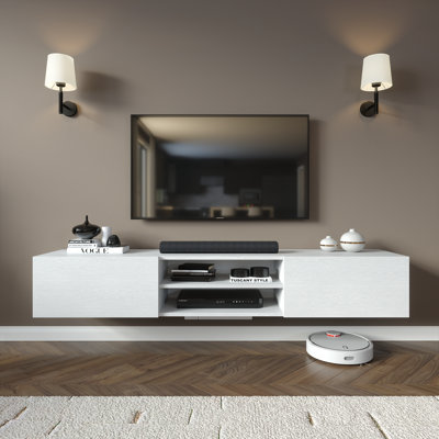 Meuble télé mural suspendu Desmone 71 po (180 cm) pour téléviseurs jusqu'à 80 po (203 cm), avec rangement, fini bois blanc.