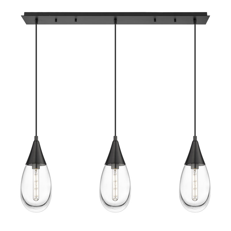 Luminaire suspendu pour îlot de cuisine 3 lumières Rafael, Transparent, Noir mat