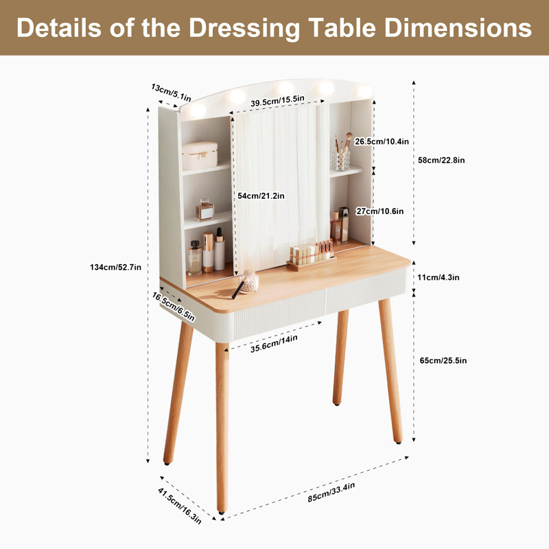 Small Vanity Desk With Mirror And Lights, Big-Capacity Storage And Sliding Mirror, Vanity Set With Two Fluted Drawers, 3 Lighting Colors Makeup Dressing Table(White)