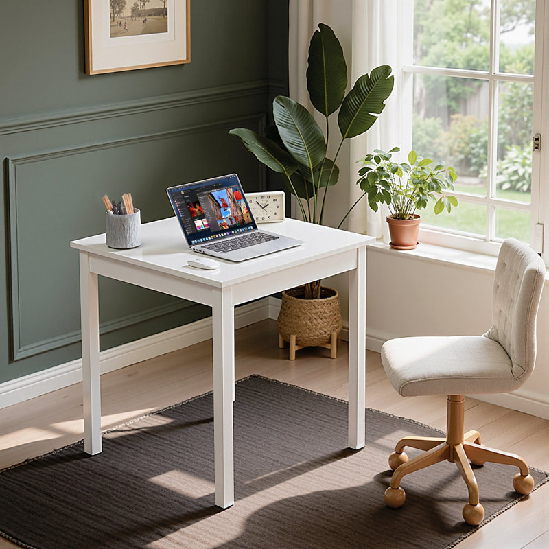 White Square Desk 29.5", Solid Wood Legs Writing Desk, Compact Modern Computer Desk for Small Space Home Office