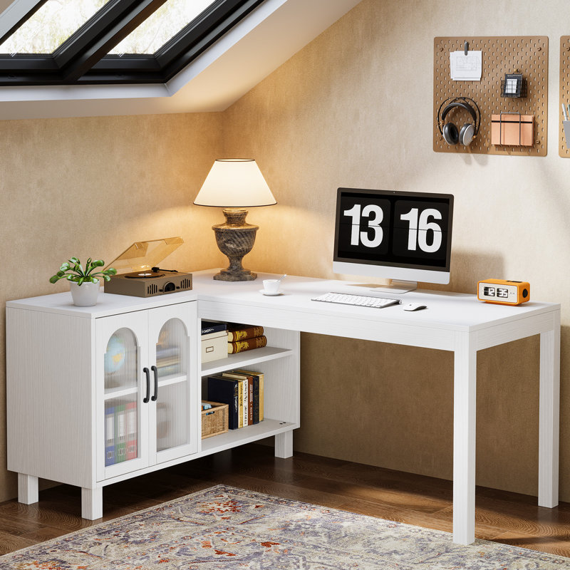 L Shaped Desk With Storage Cabinet, 59 Inch Corner Computer Desk Home Office Desk, White