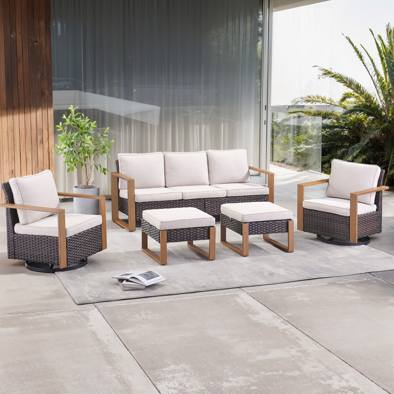 Ensemble de conversation d'extérieur pour 5 personnes avec coussins Kelyse, Beige, Brun