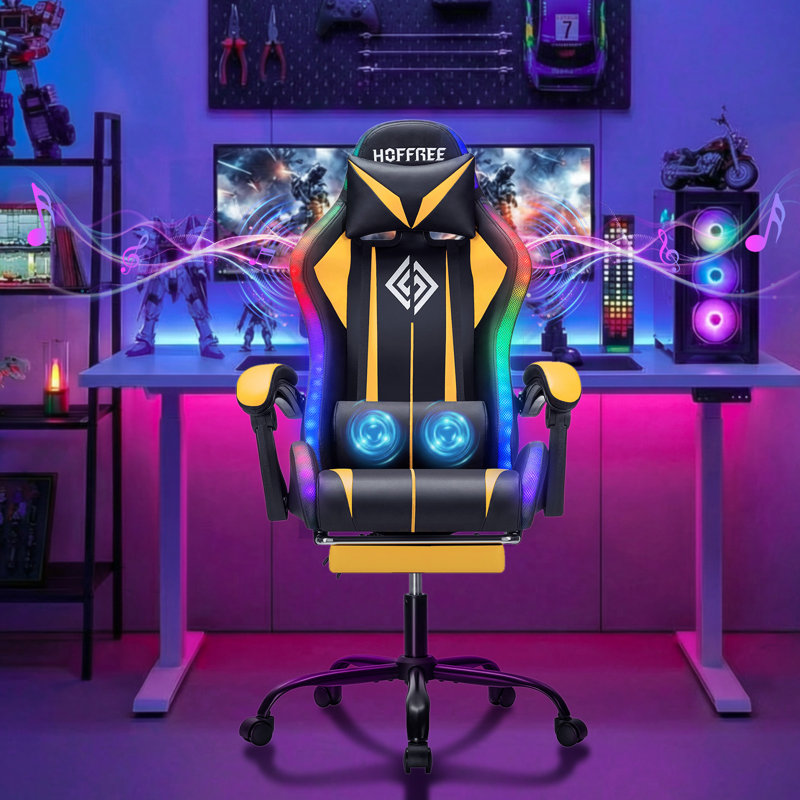 Fauteuil de jeu inclinable et ergonomique en cuir avec haut-parleurs intégrés et lumières DEL Hoffree, Jaune / noir