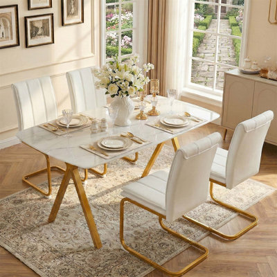 Rectangular Dining Table with Tempered Glass Top and Marble Pattern, Gold-Plated Metal Legs for Elegant Restaurant Settings(Only Table)