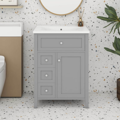 Ensemble de meuble-lavabo 24 po avec lavabo, meuble de rangement pour salle de bain avec 3 tiroirs et un tiroir basculant, tablettes réglables, porte d'armoire à fermeture en douceur