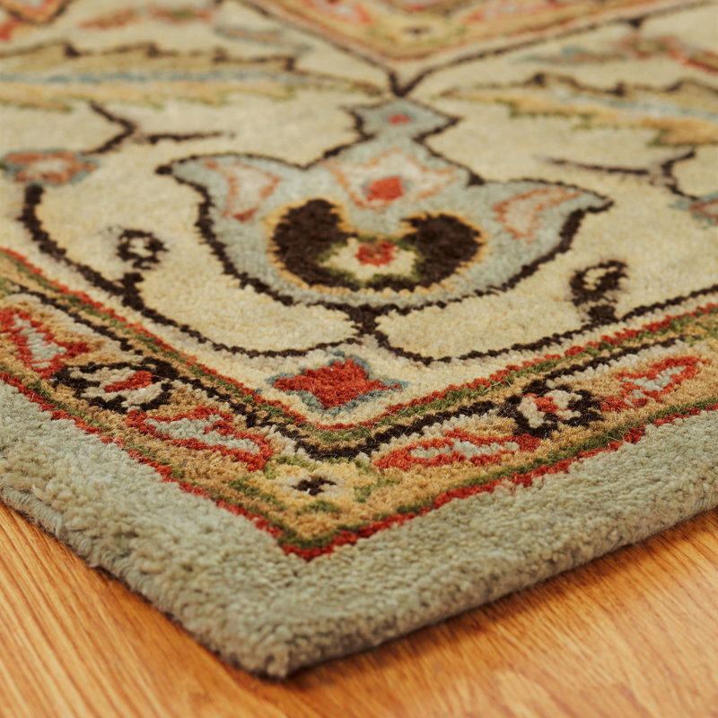 Tapis bleu ciel/doré en laine touffeté fait main oriental, Rectangle 6 pi x 9 pi