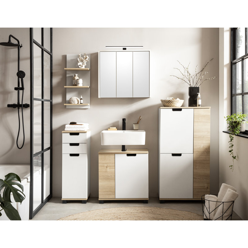 Soldonia Freestanding Bathroom Cabinet, Matt White/White Oak