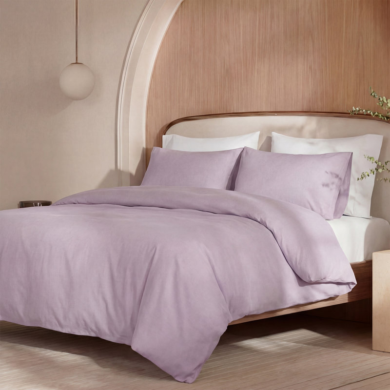 100% Washed Cotton Comforter Set King Size – Lavender Purple, Linen-Like Texture, Soft & Breathable Bedding Set, 3-Piece Durable Percale Comforter