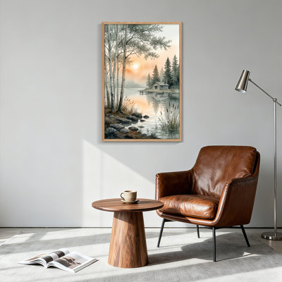 Ensemble de 1 tableau sur toile représentant un chalet au bord d'un lac