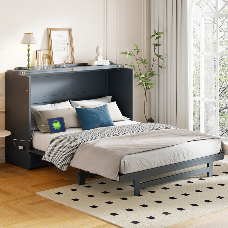 Lit escamotable avec grand tiroir, ports USB et prises USB, Gris, Grand lit