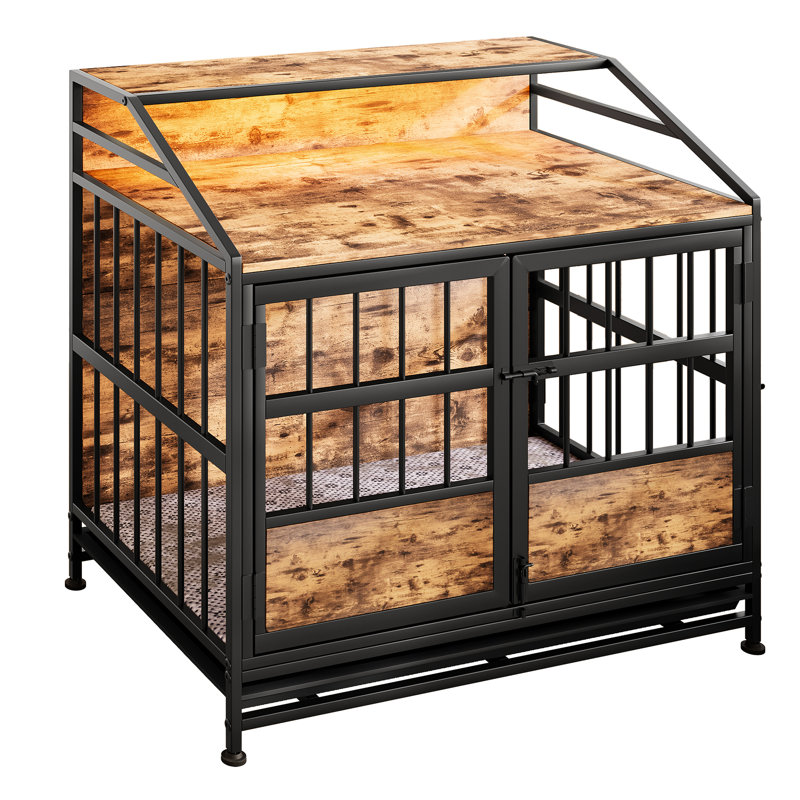 Cage pour chien avec accès à 3 portes et plateau escamotable, brun, pour les chiens d'intérieur de moyenne / grande taille, cadre renforcé, planche de qualité P2 imperméable, double rangement de style meuble sans effort