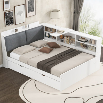 Wood Full Size Platform Bed With Trundle, Shelves And Storage Headboard