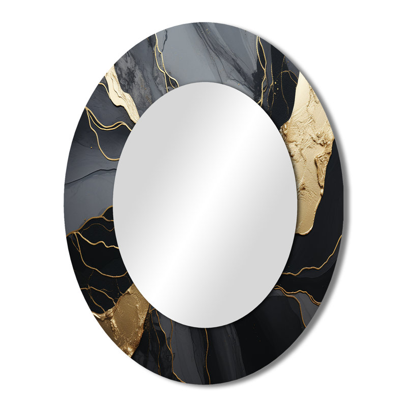 Minimalism Chrome Black And Gold Poteries - Abstract Oval Decorative Mirror On Metal, 43" x 33"