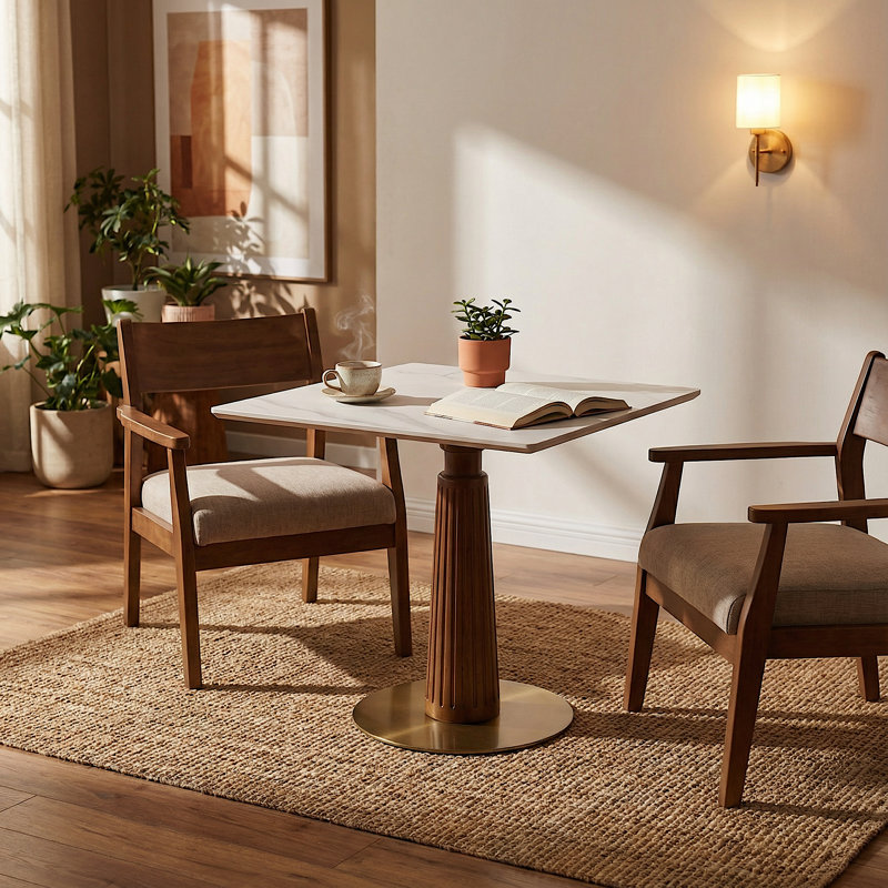33.5'' Sintered Stone Solid Wood Square Dining Table, White/Gray