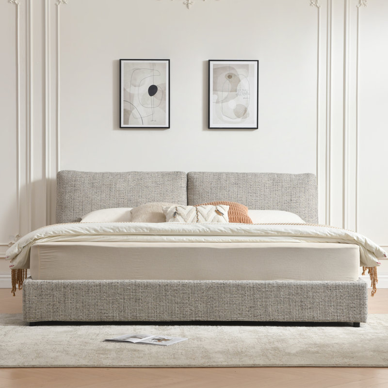 Padded Platform Bed With Headboard Featuring Two Removable Pillows, Brown, King
