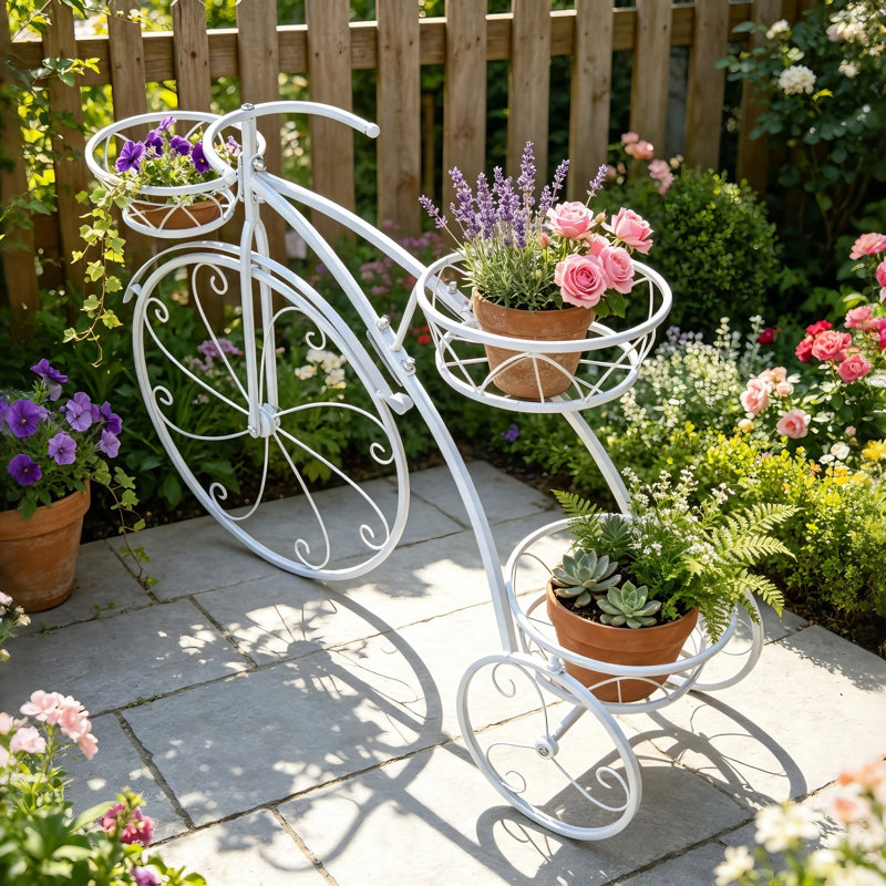 Tricycle Plant Stand with 3 Flower Pot Holders Outdoor Indoor Metal Garden Flower Cart Stand