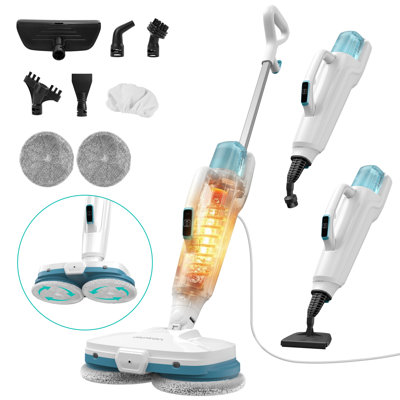 Balai à vapeur rotatif 10 en 1, nettoyeur vapeur portatif convertible, chauffe rapide en 15 secondes, 2 modes vapeur avec brumisation, réservoir amovible de 500 ml, phare DEL pour parquet, carrelage, moquette et voiture