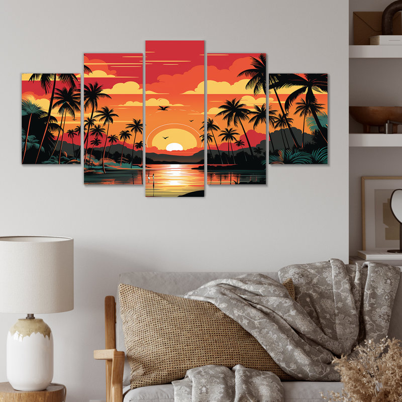Coucher de soleil orange «Bold Landscape I - Coastal Sunset», ensemble d'art mural
