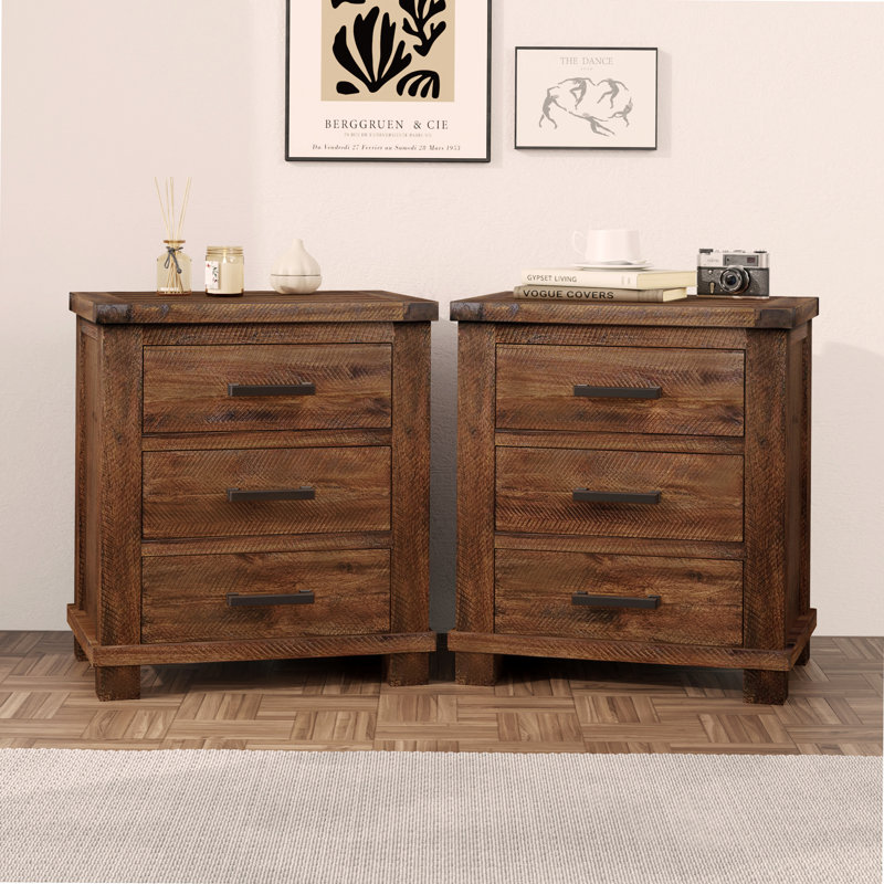 Ensemble de table de chevet rustique en bois massif récupéré à trois tiroirs Rustic