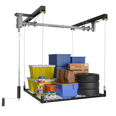 4x4 FT Adjustable Overhead Garage Storage Rack, Heavy Duty Ceiling Mount Lift Storage Rack, 400 LBS Capacity Ceiling Lift Organizer for Garage Warehouse