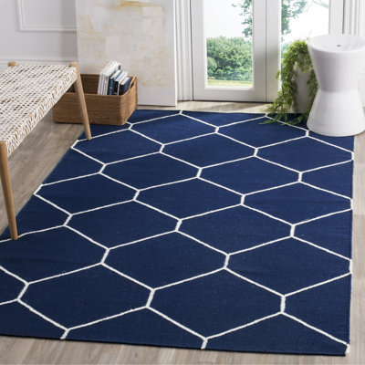 Rodgers Hand Woven Flat Weave Wool/Cotton Geometric Rug in White/Blue