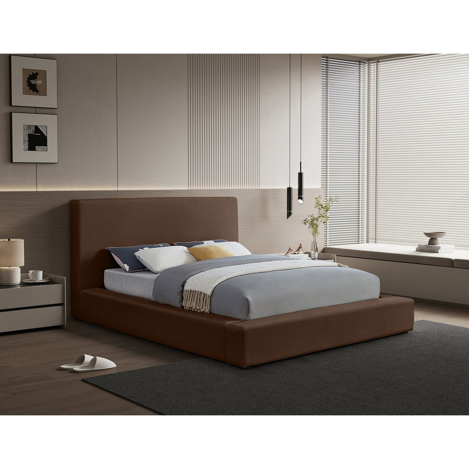 Ishia Upholstered Platform Bed, King, Brown Velvet