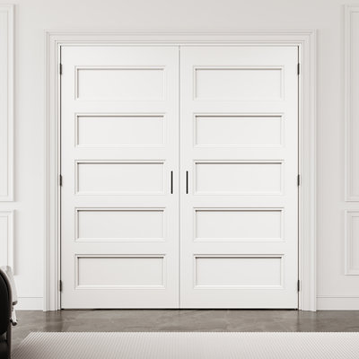 72" x 80" 5-Panel Molded Solid Interior French Door with Black Hardware & Ball Catch & Handle, Solid Core Door Slab, Paintable & Waterproof, Suit for Laundry, Closet Doors, Room Doors, Assembly Required