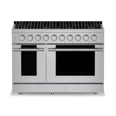 Hauslane 48" Gas Range In Stainless Steel | 8 Burners Up To 20,000 Btus | 6.7 Cu. Ft. Double Convection Oven With 5 Rack Positions | Convertible Ng/Lp | Cool-Touch Triple-Layer Door