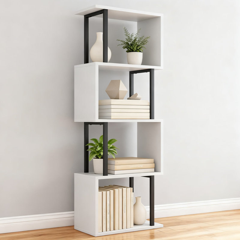 4-Tier S-Shaped Bookcase, Modern Geometric Bookshelf With Narrow Freestanding Design, Decorative Storage Shelving Unit For Living Room, Bedroom, And Home Office