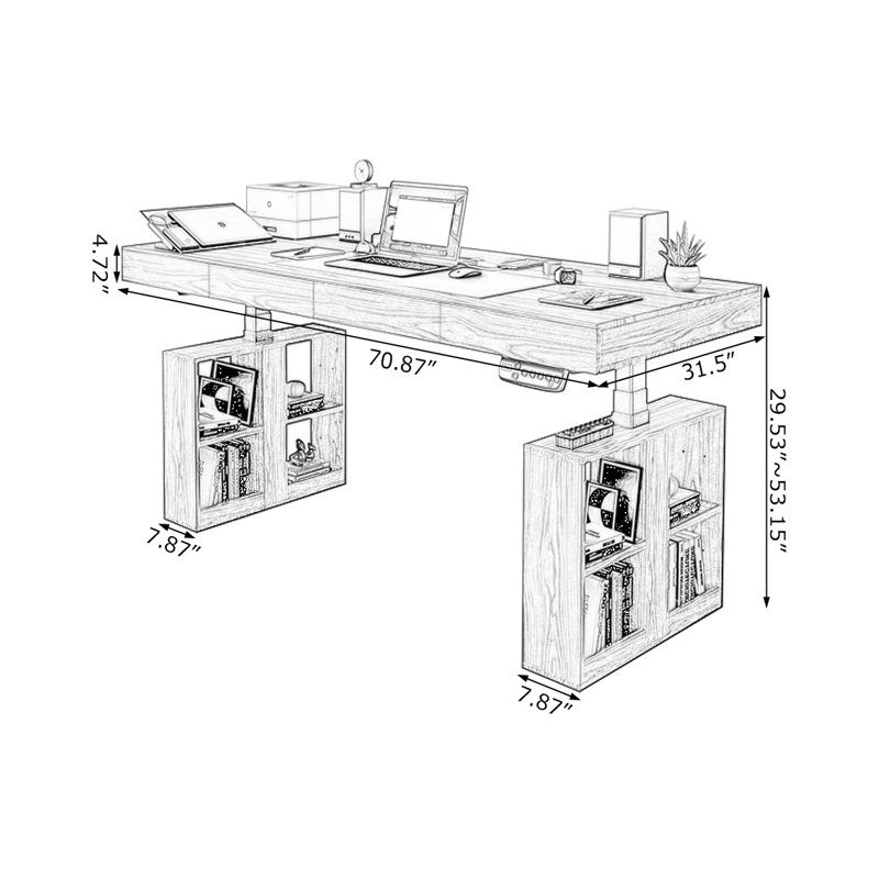 Bureau debout en bois manufacturé avec tiroirs, H 53,15 po x l 70,87 po x P 31,5 po