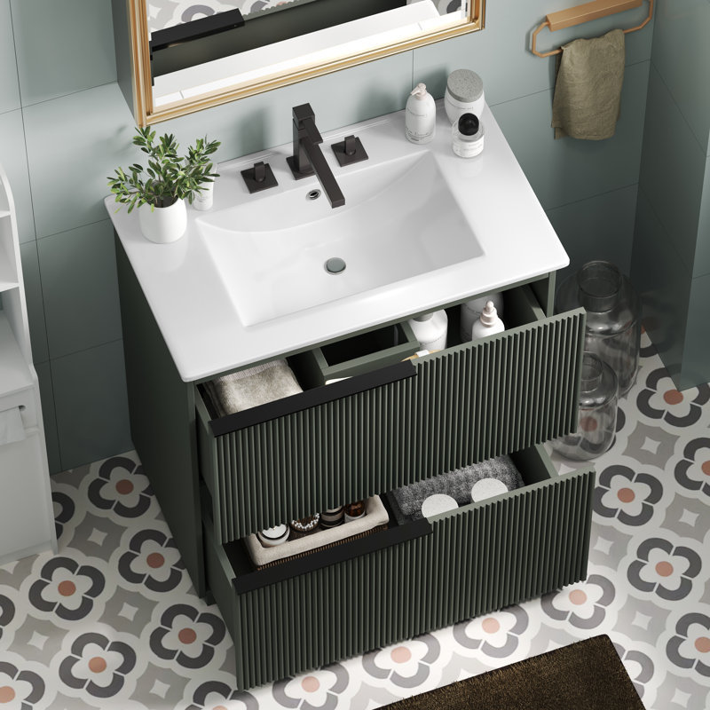 Meuble-lavabo de 30 po avec lavabo et tiroirs en céramique, glissières de tiroir à fermeture en douceur, Vert