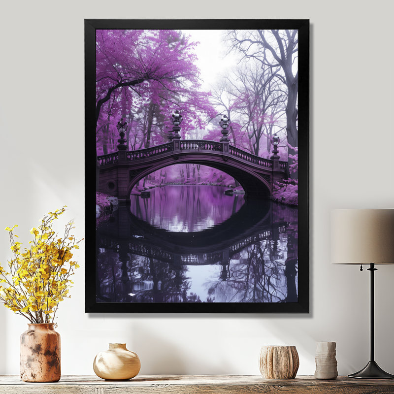 Pont de voie d'eau mauve, Tranquility - art mural, H 20 po x l 12 po x P 1 po, Toile encadrée noire simple
