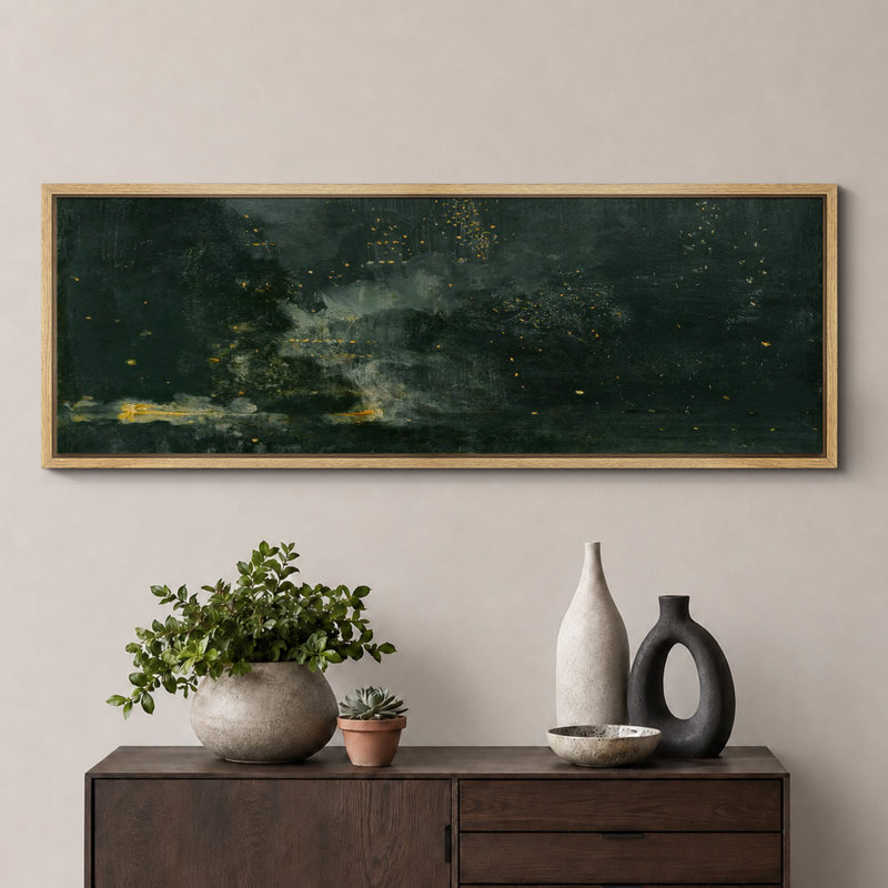 «Minimal Landscape Abstract Dark Green and Gold Flecks Modern Luxury», reproduction d'art sur toile, H 20 po x l 60 po