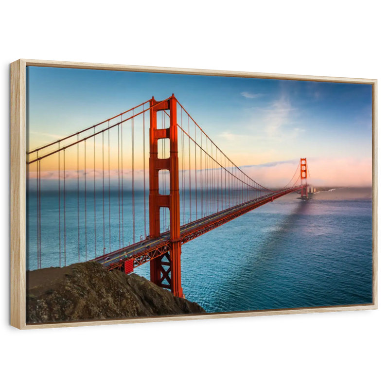 Golden Gate, lever de soleil sur l'océan, Cadre flottant en bois naturel, 37 po x 25 po