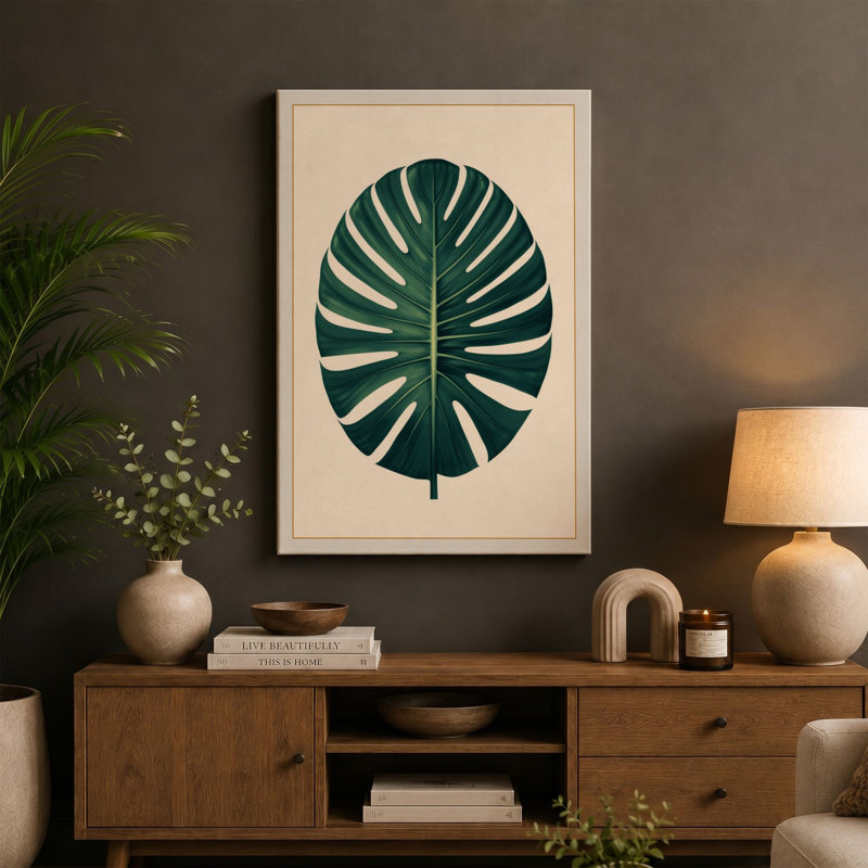 Monstera Leaf Study Botanical - Wrapped Canvas, 36x24 - 91.4 x 61.0 cm, Teal Border