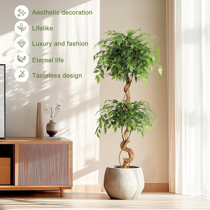 Ficus Artificial Tree with Curved Trunk,5 Feet Faux Plant Fake Silk Trees with White Pot, Fake Ficus Tree for Home Decor, Artificial Plants Indoor for Indoor Office Living Room