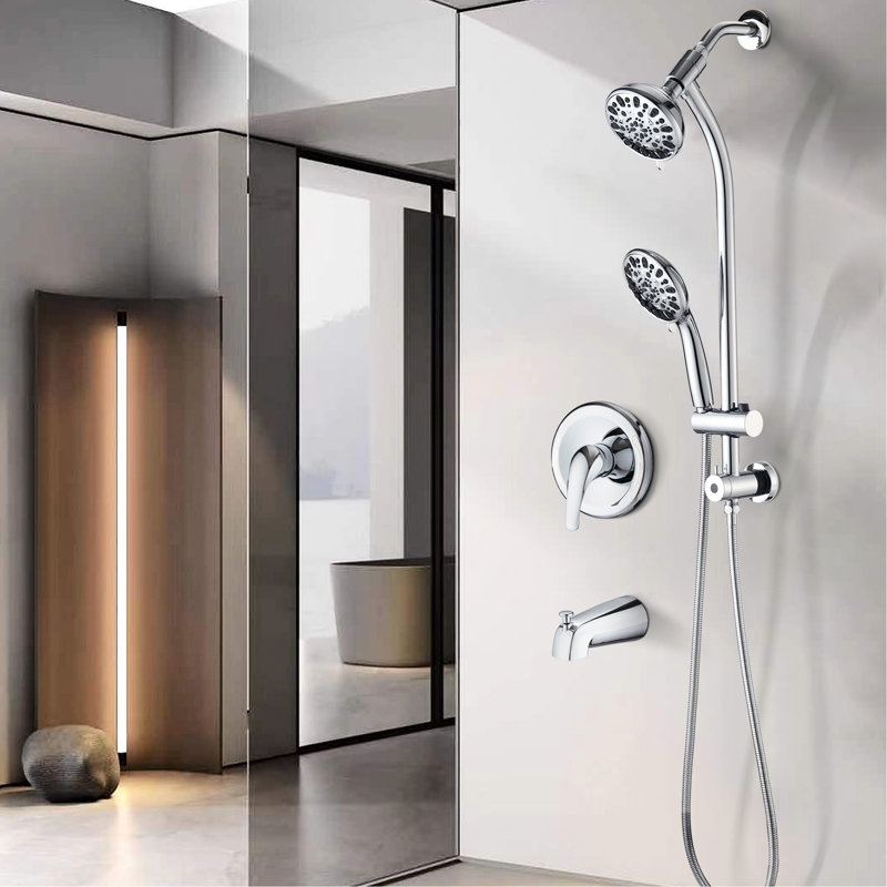 Wall Mounted Shower With Stainless Steel Rod, 7-setting Dual Head, Coating 7-mode Head System Finish, Mount