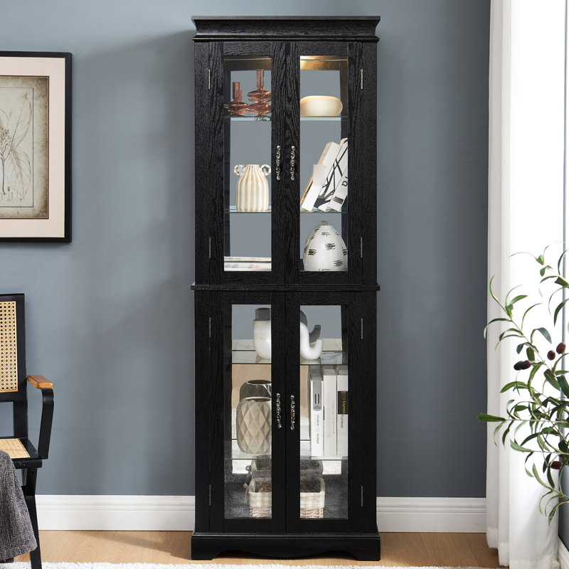 Vitrine élégante en verre, éclairage intégré, cloison amovible, plateau carré, six niveaux, idéale pour les objets de collection.