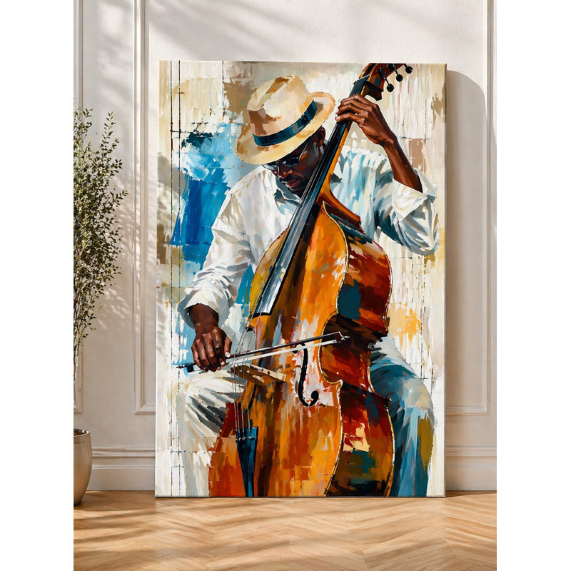 Art mural sur toile encadré 24 po x 36 po, musicien de jazz abstrait jouant de la contrebasse, peinture expressionniste moderne, grande décoration murale de musique pour le salon, la chambre et le bureau