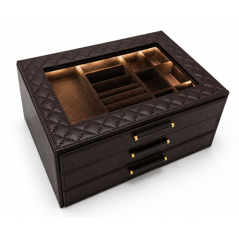 Organisateur de bijoux lumineux, 3 tiroirs, couvercle en verre et éclairage DEL, Espresso