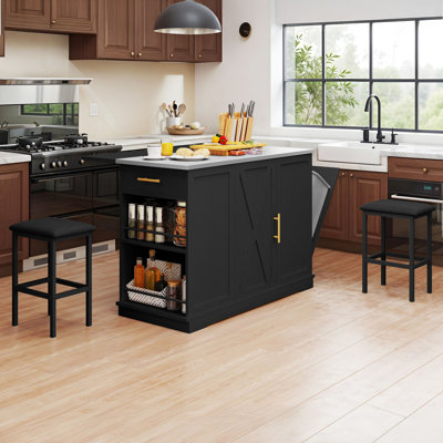 Multifunction Rolling Kitchen Island, Mobile Kitchen Cart With Drop Leaf Bar Table and 2 Bar Stools