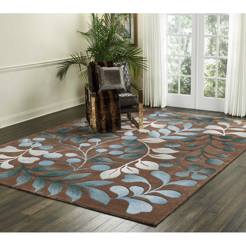 Tapis touffeté à la main bleu turquoise / moka / blanc cassé / vert sarcelle Brittni, Rectangle 5 pi x 7 pi 6 po