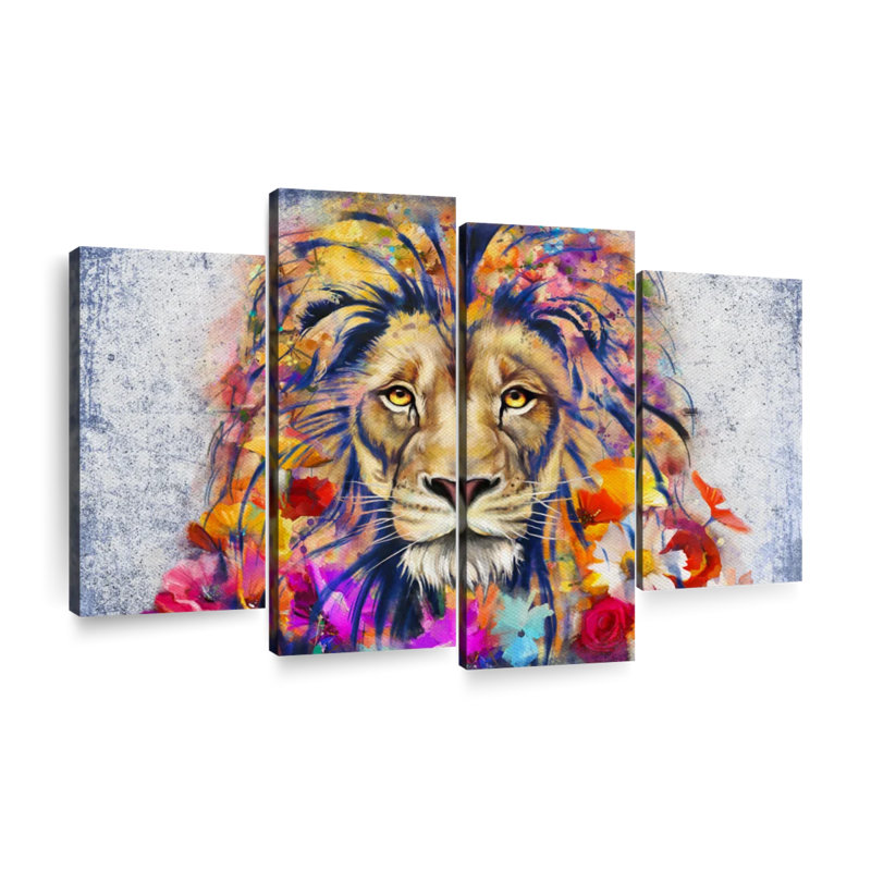 Tête de lion à motif floral sur toile, H 22 po x l 36 po x P 1 po