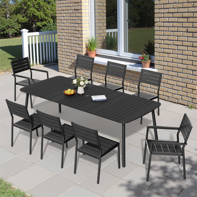 8 - Person Aluminum Outdoor Dining Set with Umbrella Hole, Stacking Armless and Armed Chairs