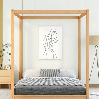 Grand lit à baldaquin avec pieds de soutien - sous le lit Airy, matériaux, structure stable à plateforme simple, matelas frais, esthétique moderne