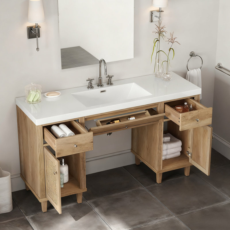 Meuble-lavabo de 60 po avec lavabo SMC, armoire de rangement spacieuse moderne avec tiroirs à fermeture en douceur et plateau basculant, pieds en bois massif et poignées en métal