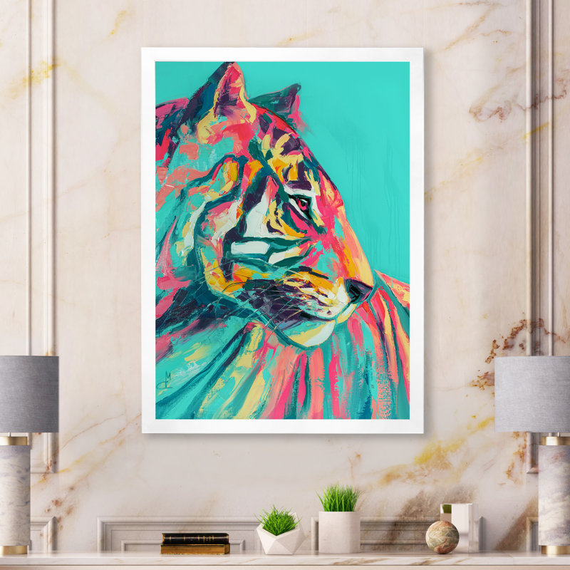 Pop Art turquoise et tigre rose - décoration murale moderne en toile, H 32 po x l 16 po x P 1,5 po, Toile avec cadre blanc
