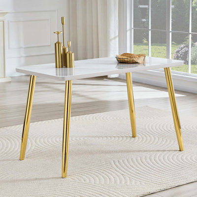 Modern Minimalist Rectangular Dining Table with Tempered Glass, Imitation Marble, and Gold Metal Legs for Small Spaces